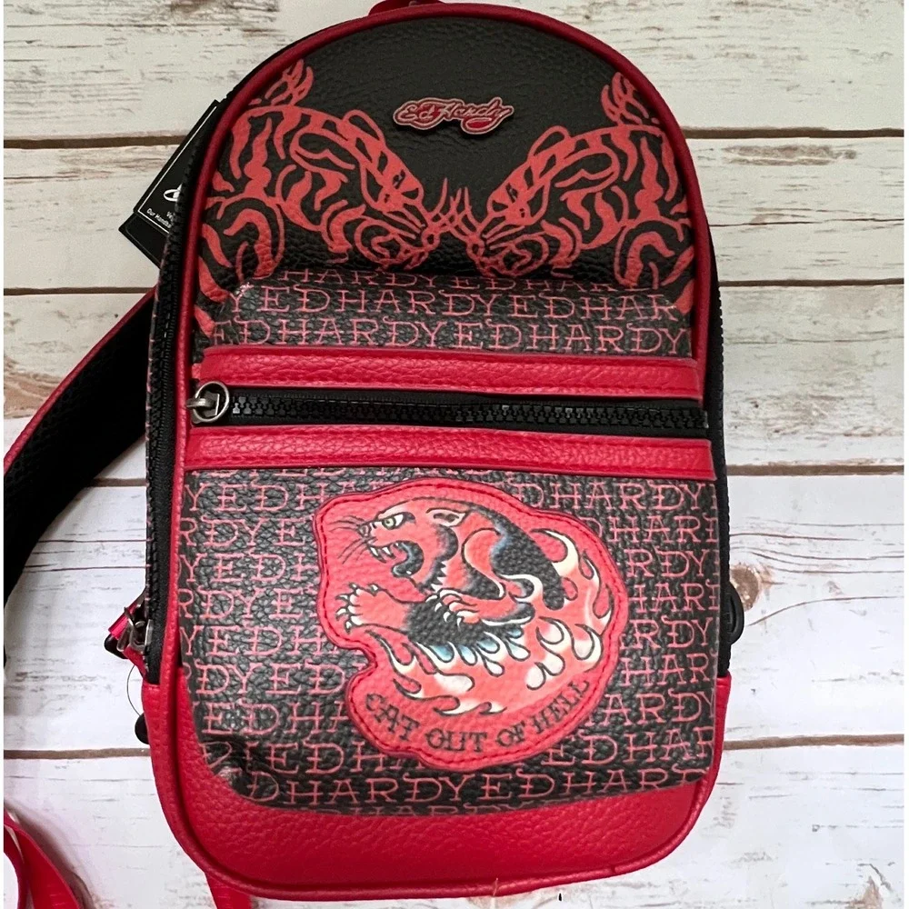 Ed Hardy NWT Sling Backpack Red Black Tattoo Print Cat Out of Hell OS
